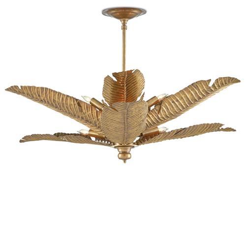 Pyro Hollywood Regency Gold Iron Black Marble Tropical Leaf Semi Flush Mount