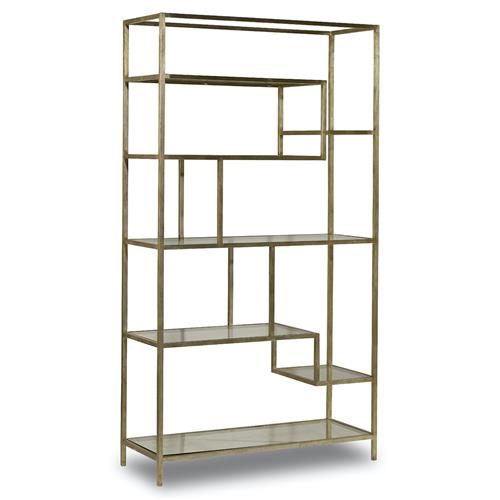 Greta Hollywood Regency Gold Iron Glass Shelves Open Back Office Etagere