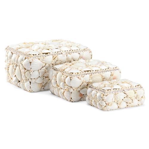 Lupis Coastal Beach Natural White Shell Decorative Boxes - Set of 3