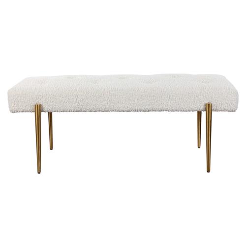 Orion Hollywood Antique Brass Frame White Faux Shearling Tufted Bench