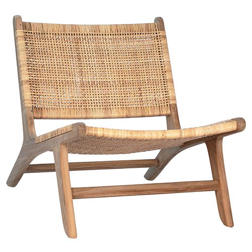 Lemar Coastal Beach Brown Teak Wood Frame Rattan Seat Back Occasional Chair