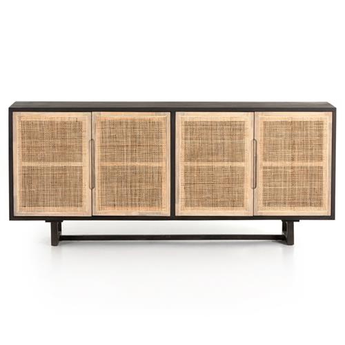 Marina Coastal Beach Black Solid Mango Wood Woven Cane Sideboard