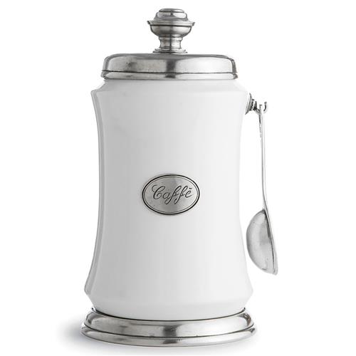 Tuscan French Country White Ceramic Coffee Canister with Spoon