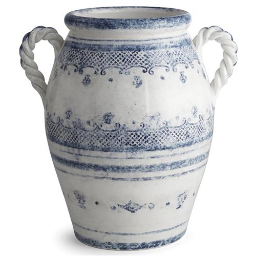 Burano Coastal White Ceramic Blue Lace 2-Handled Urn