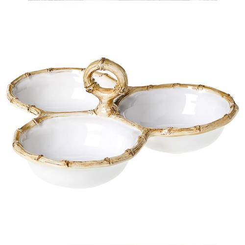 Juliska Natural Bamboo Rim White Ceramic Triple Cocktail Serving Bowl