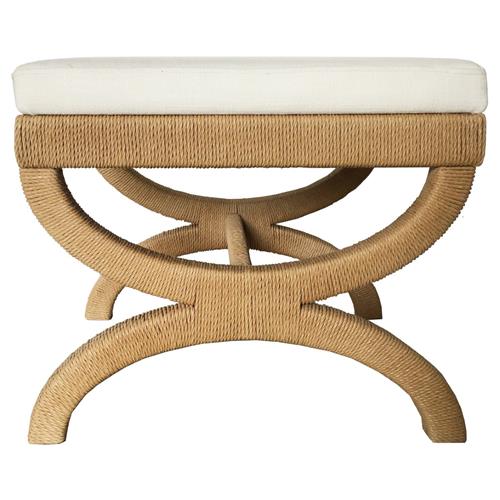 Worlds Away Xanadu Coastal Beach White Upholstered Seat Natural Rope Stool