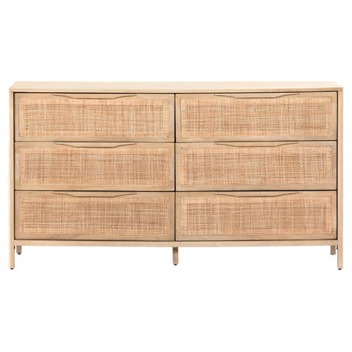 Rhian Coastal Beach Natural Mango Wood Woven Cane 6 Drawer Double Dresser