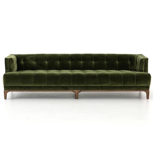 Allen Mid Century Green Velvet Brown Wood Frame Button Tufted Sofa - 91.25&quot;W