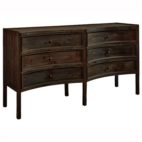 Kadence Rustic Dark Brown Pine Wood Dovetail 6 Drawer Concave Double Dresser