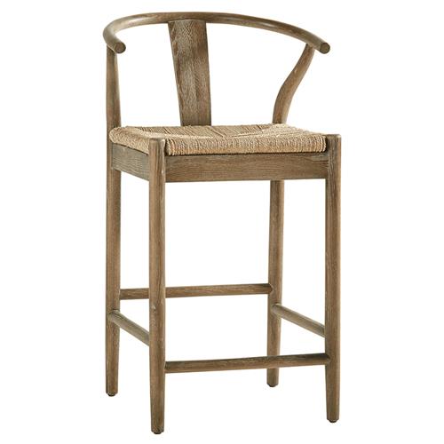 Zhuri Coastal Beach Dark Brown Oak Wood Frame Woven Seat Wishbone Counter Stool