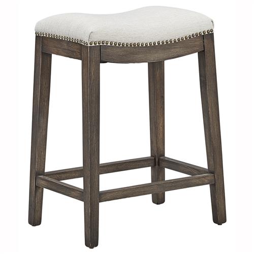 Amari French White Performance Grey Oak Wood Nailhead Backless Bar Stool