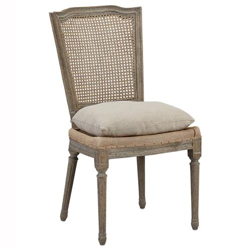Emberly French Beige Cushion Grey Pine Wood Cane Burlap Nailhead Side Chair