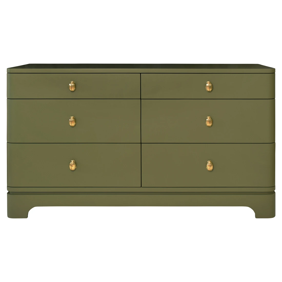 Olive green six-drawer dresser with gold knobs, two top drawers and four lower drawers in a symmetrical layout.