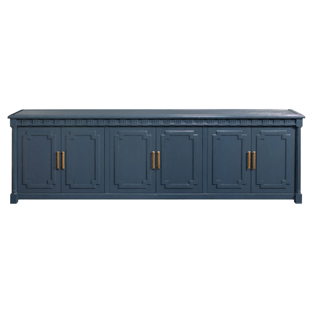 A dark blue cabinet with six doors and gold handles.
