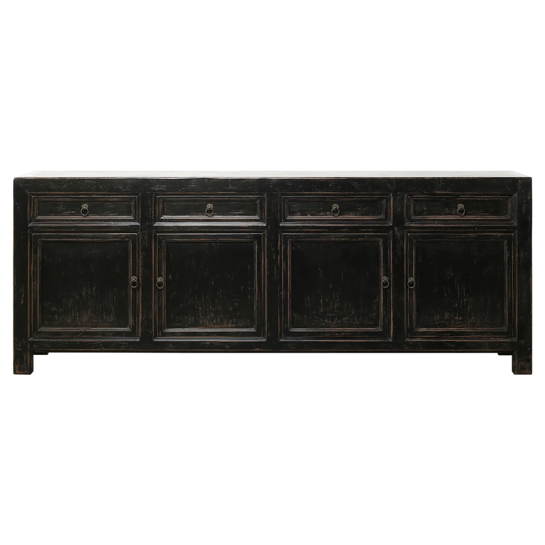 A distressed black wooden sideboard with multiple cabinets and drawers, vintage hardware and worn finish.
