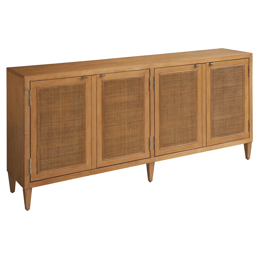 Wooden sideboard with four doors, each featuring a woven rattan panel.