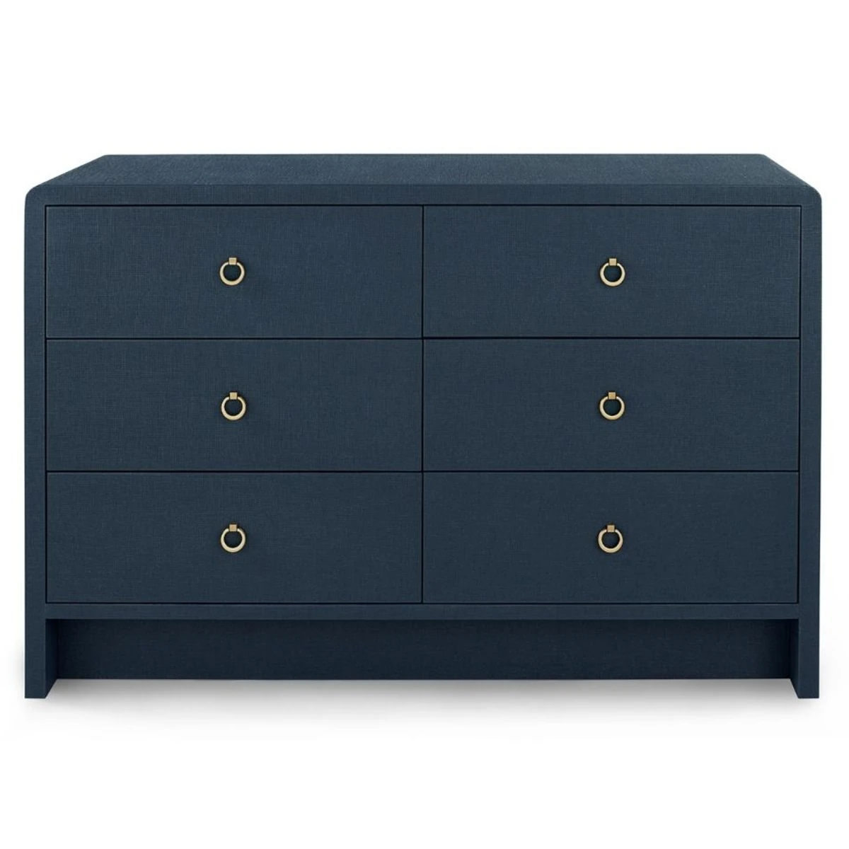 Dark blue dresser with six drawers and brass ring pulls, shows textured fabric-like finish and a low base.