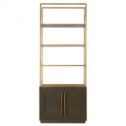 Finn Hollywood Regency Brown Oak Wood Gold Iron 4 Tier Open Back Bookcase