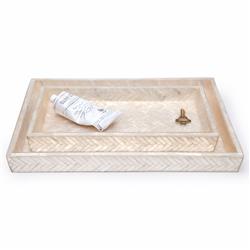 Pigeon and Poodle Handa Coastal Beige Herringbone Capiz Shell Tray - Set of 2