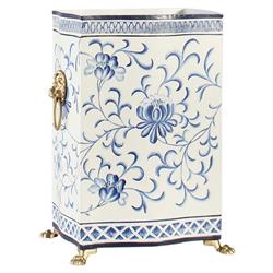 Renee French Country White Tole Hand Painted Blue Wastebasket