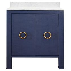 Worlds Away Blanche Modern Classic White Marble Navy Blue Linen Vanity Sink - 31"