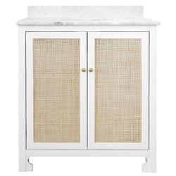 Worlds Away Boyd Coastal White Marble Cane White Wood Vanity Sink - 31&quot;