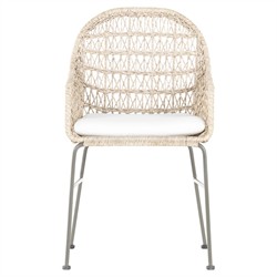 Elena Coastal Beach White Cushion Beige Wicker Iron Frame Outdoor Dining Chair