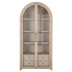 Elsa Natural Wood Glass Door Woven Rattan Drawer Arched China Cabinet