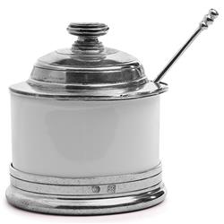 Tuscan French Country White Ceramic Covered Bowl with Spoon