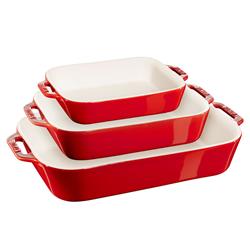 Staub Modern Classic Cherry Red Ceramic Rectangular 3 Piece Baking Dish Set