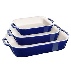 Staub Modern Classic Dark Blue Ceramic Rectangular 3 Piece Baking Dish Set