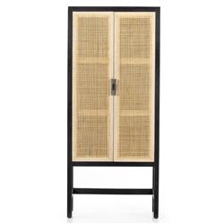 Corazon Coastal Beach Black Mango Wood Natural Cane Door Armoire Cabinet