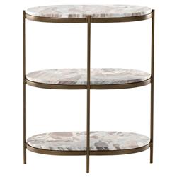 Kian Mid Century Grey Marble Antique Brass Iron Oval Shelving Side Table