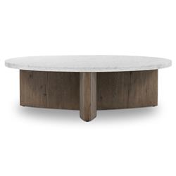 Teddie Rustic Lodge White Marble Top Grey Oak Wood Round Coffee Table