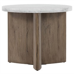 Teddie Rustic Lodge White Marble Top Brown Solid Oak Round End Table