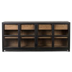 Clarence Rustic Lodge Black Oak Wood Clear Glass 4 Door Shelving Sideboard