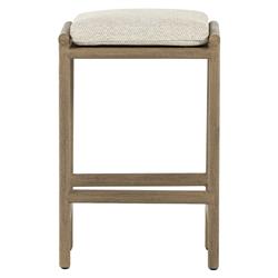 Karimm Coastal Beach Beige Upholstered Natural Teak Wood Frame Outdoor Counter Stool