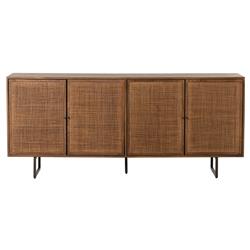 Emilie Coastal Beach Brown Mango Wood Black Iron Woven Cane 4 Door Sideboard