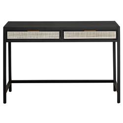 Ronaldo Coastal Beach Black Oak Wood Woven Rattan 2 Drawer Desk