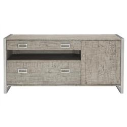 Chase Rustic Grey Pine Wood Silver Stainless Steel 2 Drawer Media Cabinet