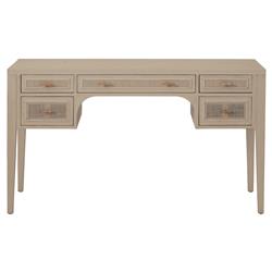 Lulu Coastal Beach Grey Oak Wood Woven Cane Panel 5 Drawer Desk