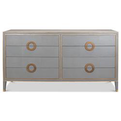 Levi Mid Century Modern Grey Shagreen Leather Brass Accent 8 Drawer Double Dresser