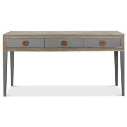Levi Mid Century Modern Grey Shagreen Leather Brass Accent 3 Drawer Console Table