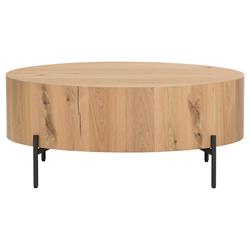 Alina Rustic Lodge Light Brown Oak Wood Black Iron Base Round Coffee Table