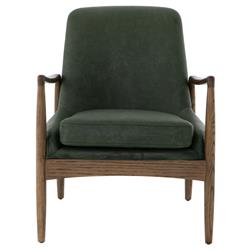 Olena Mid Century Green Upholstered Leather Brown Oak Wood Living Room Arm Chair