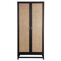 Robin Coastal Beach Black Wood Natural Woven Rattan 2 Door Armoire