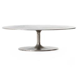 Mona French Country Grey Aluminum Oval Pedestal Outdoor Coffee Table