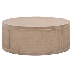 Lulu Coastal Beach Grey Oak Wood Woven Cane Round Drum Coffee Table