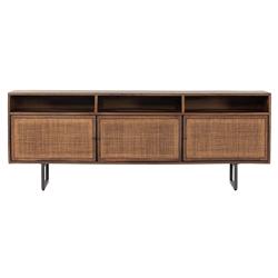 Emilie Mid Century Brown Mango Wood Woven Cane Iron Base Media Console - 65&quot;W