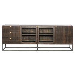 Madison Mid Century Brown Mango Wood Black Iron 3 Door Media Cabinet - 79"W